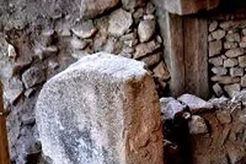 gobeklitepe (88) Taş duvarın önünde büyük yuvarlak bir kaya ve dik duran ahşap kütük görülüyor
