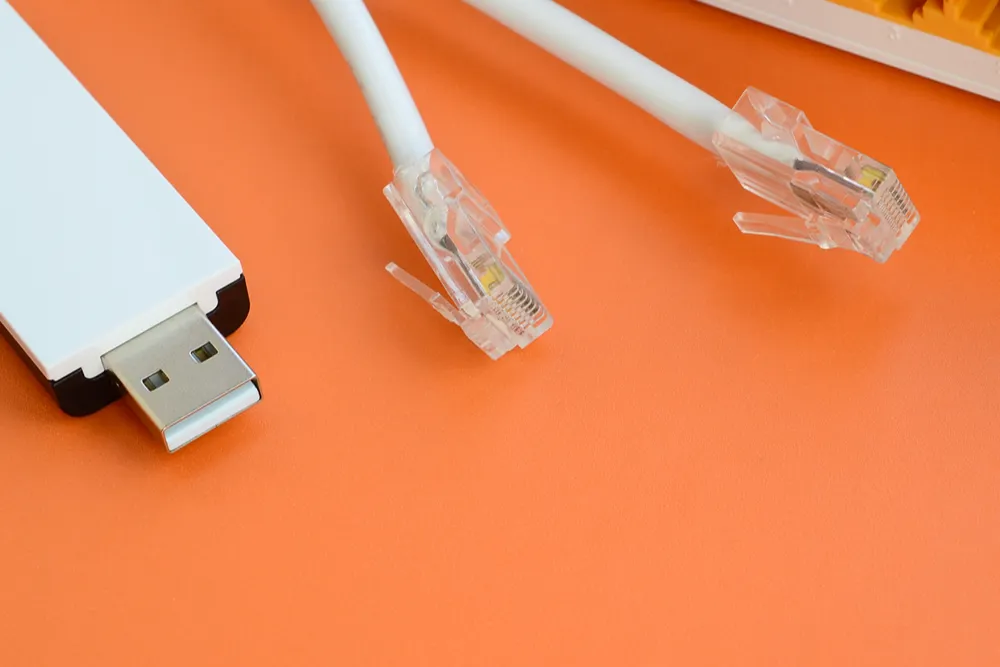 USB bellek ve iki Ethernet kablosu turuncu bir yüzey üzerinde duruyor