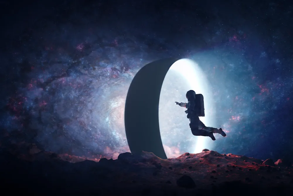 karadelik (20) Astronot, galaksi manzarasında büyük bir kemerin önünde süzülüyor