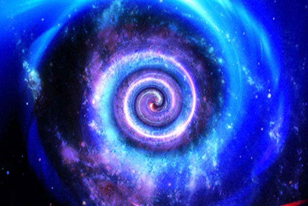 Mavi ve mor tonlarda, merkezine doğru kıvrılan parlak bir spiral